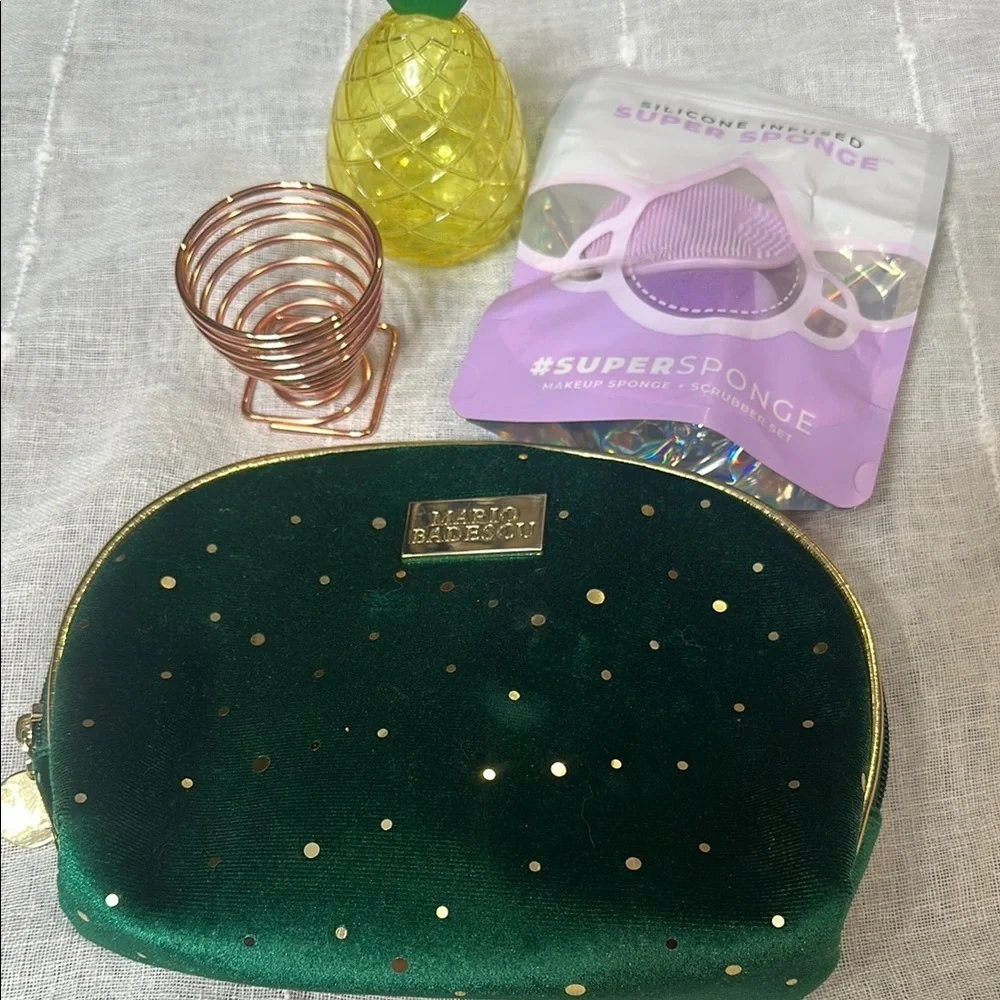 Mario Badescu Green Velvet Bag with Gold Dots Bundled with MakeUp Sponges Travel